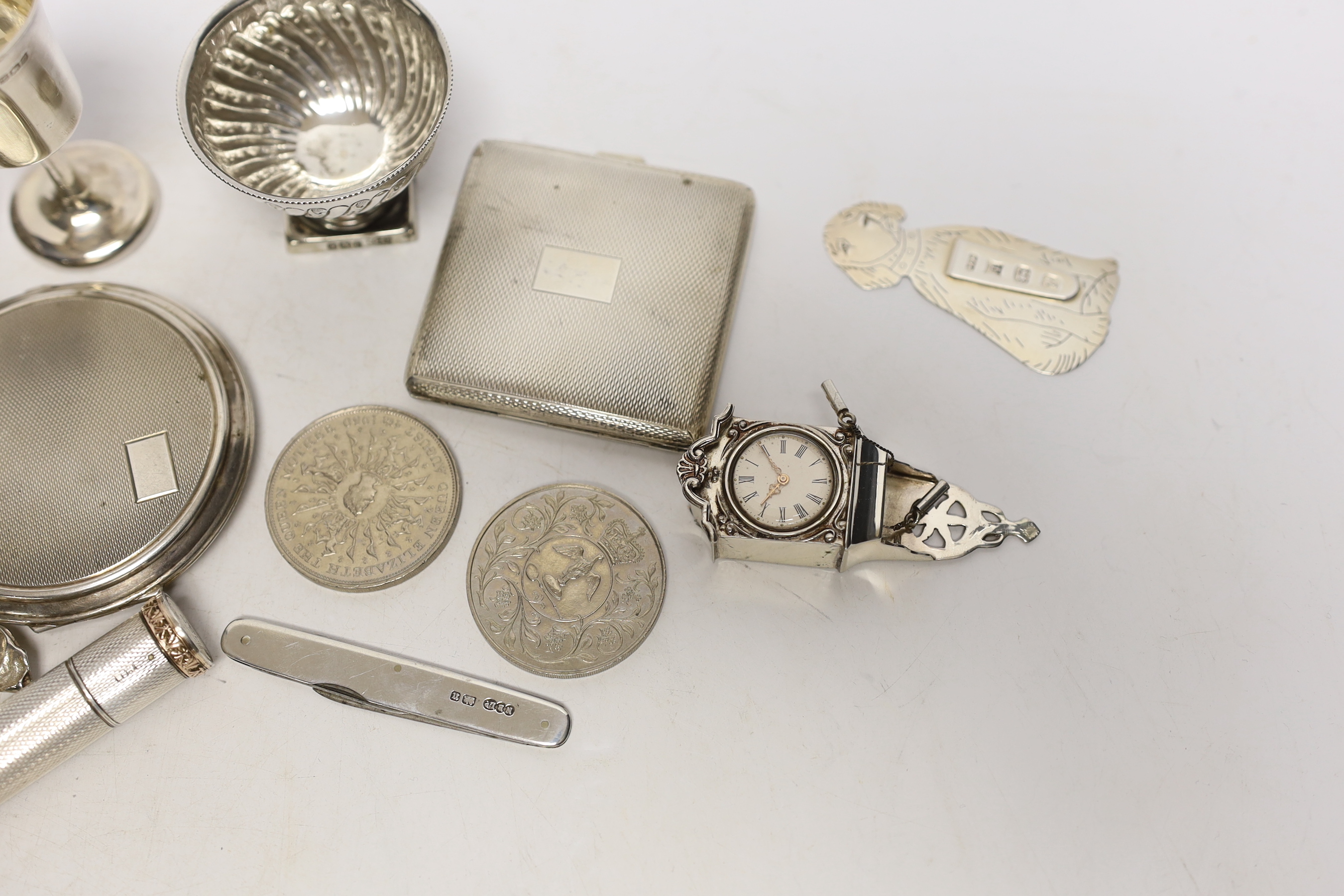 Sundry small silver and white metal items including two silver compacts, penknife, pedestal salt, Japanese sterling condiment, tot, evening bag, filigree box, lipstick holder, bookmark etc.